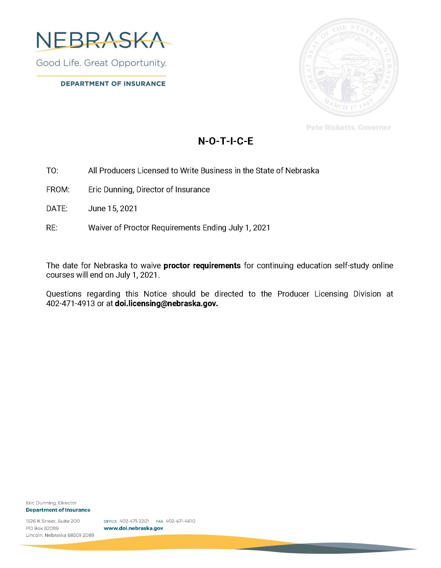 Newsfeed DOI Notice Waiver of Proctor Requirements Ending 7/1/21